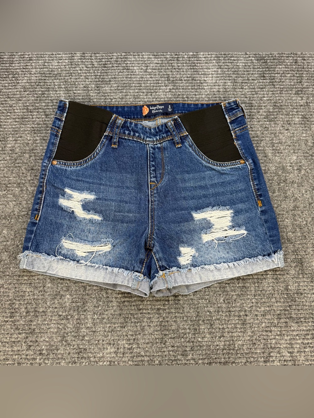Indigo Poppy Maternity Jean Shorts Womens Small Distressed Cuffed Denim Cut Off